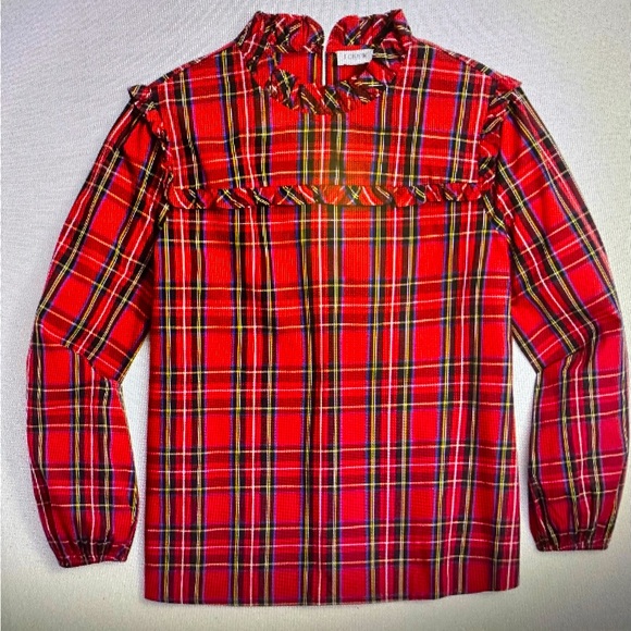 Holiday! J.Crew tartan cotton Poplin top with ruffles, size XL, NWT - Picture 1 of 6